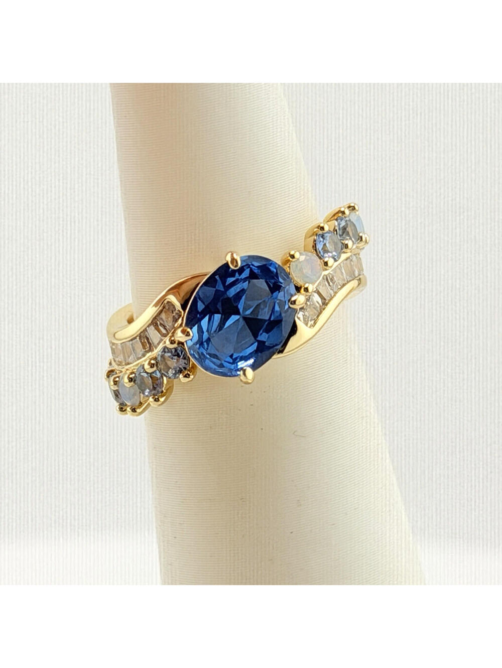 Bomb Party Ring Sz 5 "Drops Of Sunshine" Aqua Blue Spinel Moonstone Yellow Gold